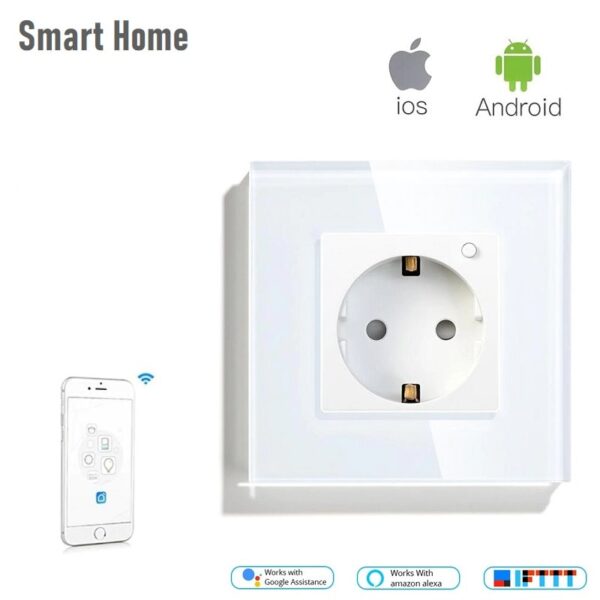 Wifi Smart Контакт за стена със стъклен панел – управление с Android / Apple - smart-wall-socket-wifi-android-apple-eu - 10A 2200 w
