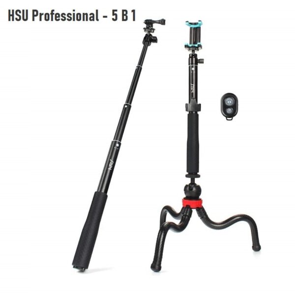 Професионален Селфи стик HSU 5 в 1 + Дистанционно | до 122 см | трипод | водоустойчив GoPro/iPhone /Android