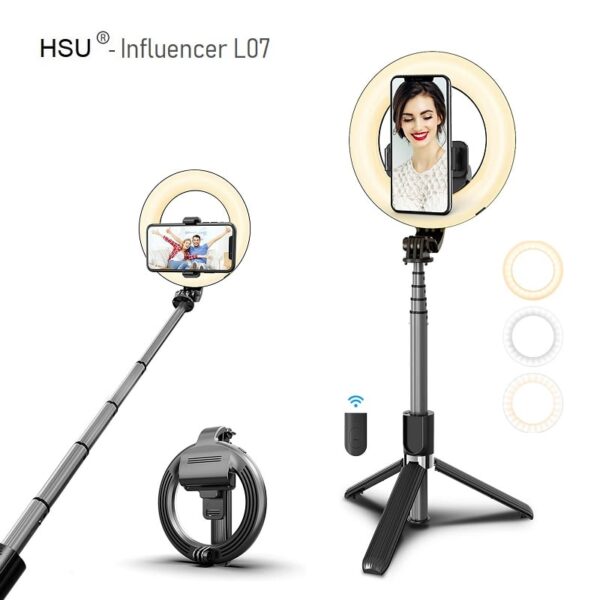 Селфи стик 4 в 1 HSU Influencer L07 - Led ринг | Tрипoд + Bluetooth дистанционно Selfie stick 4 in 1 HSU Influencer L07 - Led ring Tripod Bluetooth remote-01