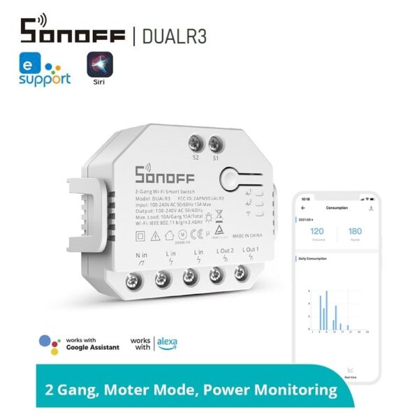 SONOFF DUALR3 - Двуканален WiFi превключвател с измервателен уред 15А/3300W -SONOFF DUALR3 - Dual Relay Two Way Power Metering Smart Switch