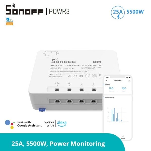 SONOFF POWR3 - прекъсвач с измерване на консумираната енергия 25A 5500W SONOFF POWR3 High Power Smart Switch - 25A-5500W