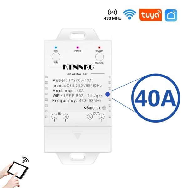 Tuya KTNNKG WiFi + RF 433Mhz прекъсвач за мощни консуматори 40A 8800W